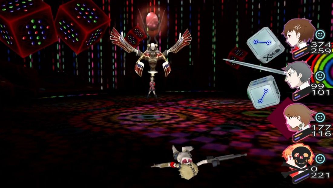 yukari and her persona about to use recarm on a fallen aigis during the reckoning dice fight in harabah in persona 3 portable