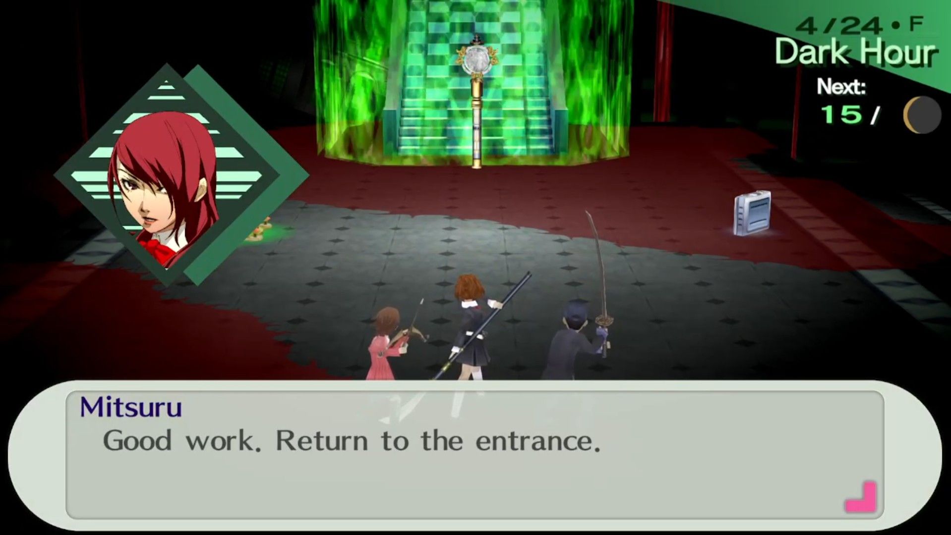 yukari, femc, and junpei at the blockade on thebel 16f with mitsuru telling them to come back in persona 3 portable
