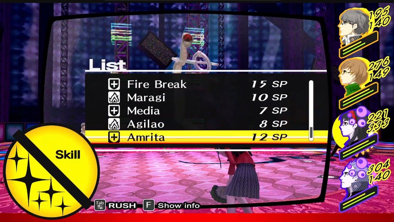 yukiko poisoned in battle, highlighting amrita in her skills list in persona 4 golden