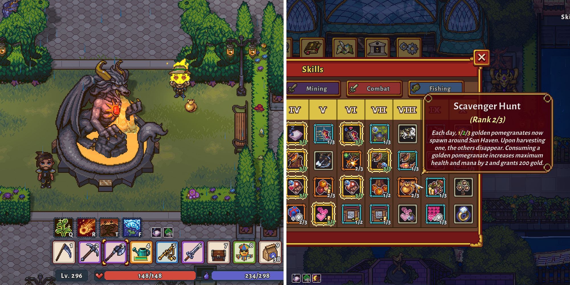 Elemental player stands by the city square fountain with a Golden Pomegranate on the ground in front of her; Exploration tree showing Scavenger Hunt rank 2