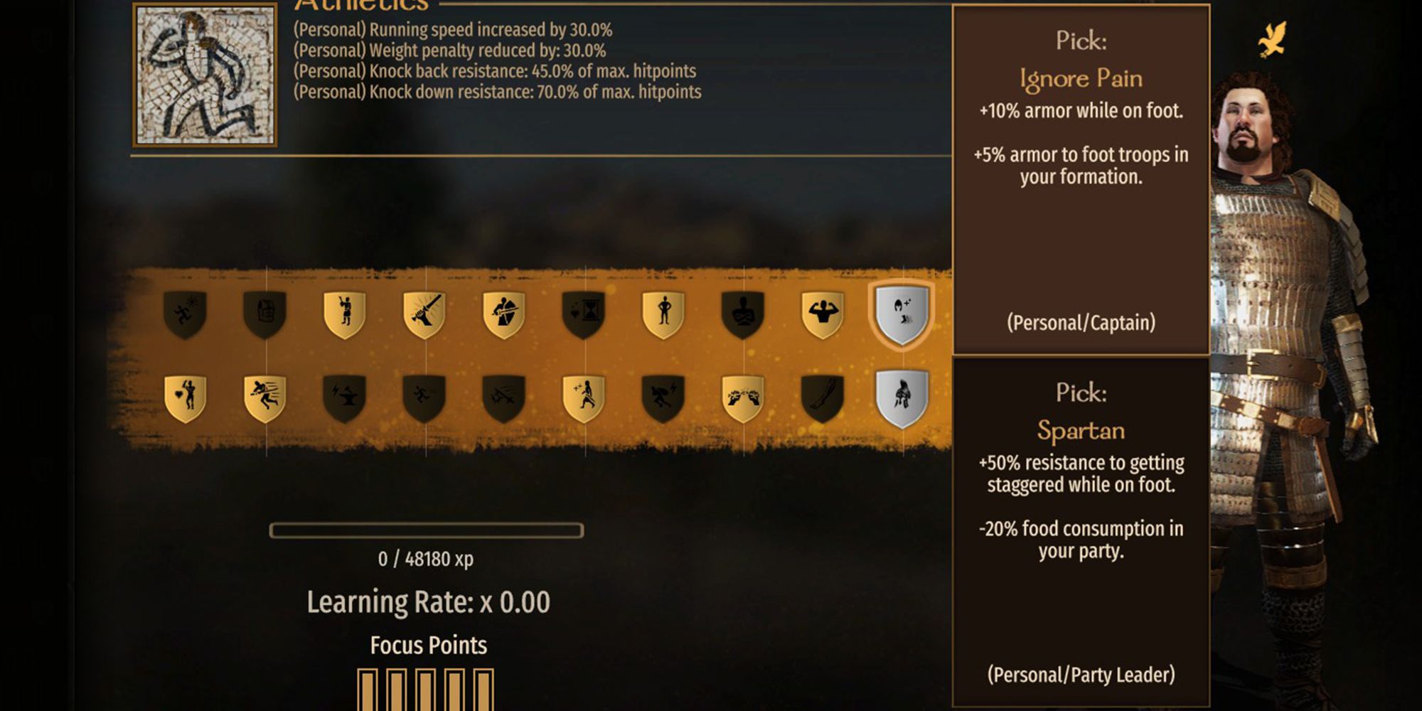 +10% armor while on foot. +5% armor to foot troops in you formation.