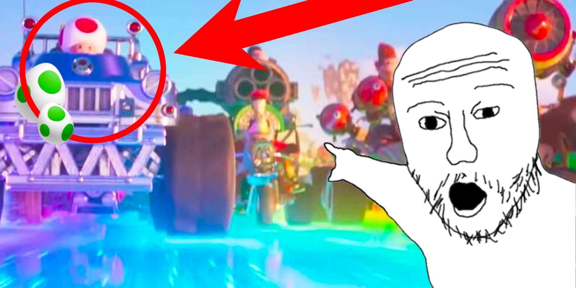 Wojak pointing at Toad on Rainbow Road with a red circle and arrow around his cart