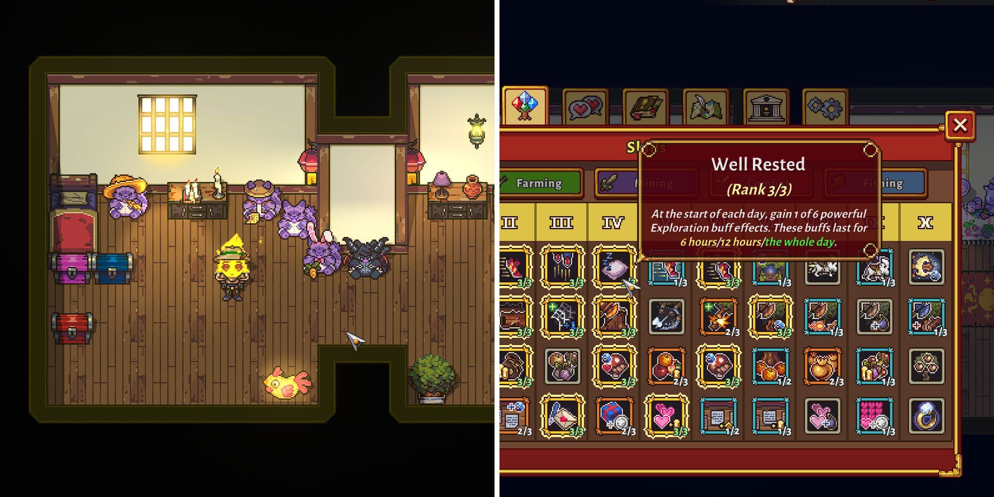 Elemental player in their home at the start of the day; Exploration tree showing Well Rested rank 3