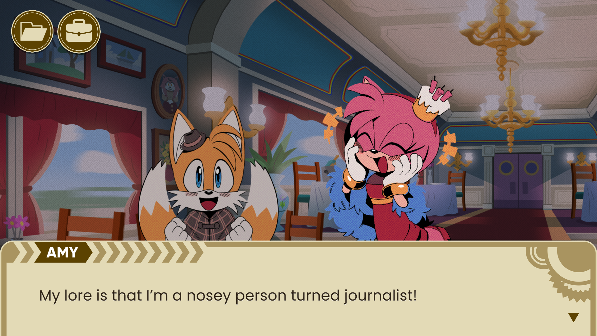 Amy announcing that her murder mystery character is a journalist