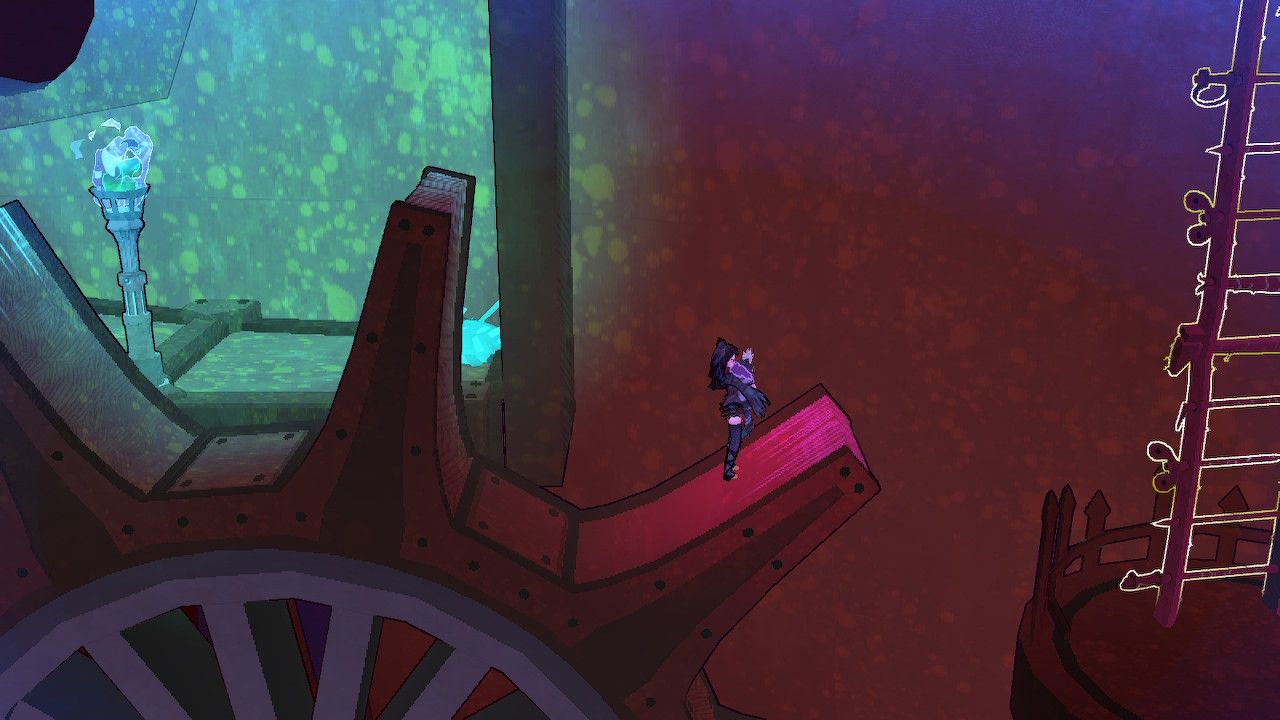 Cereza Rides Puca's Fortress Gear To Inferno Fruit Ladder On Right
