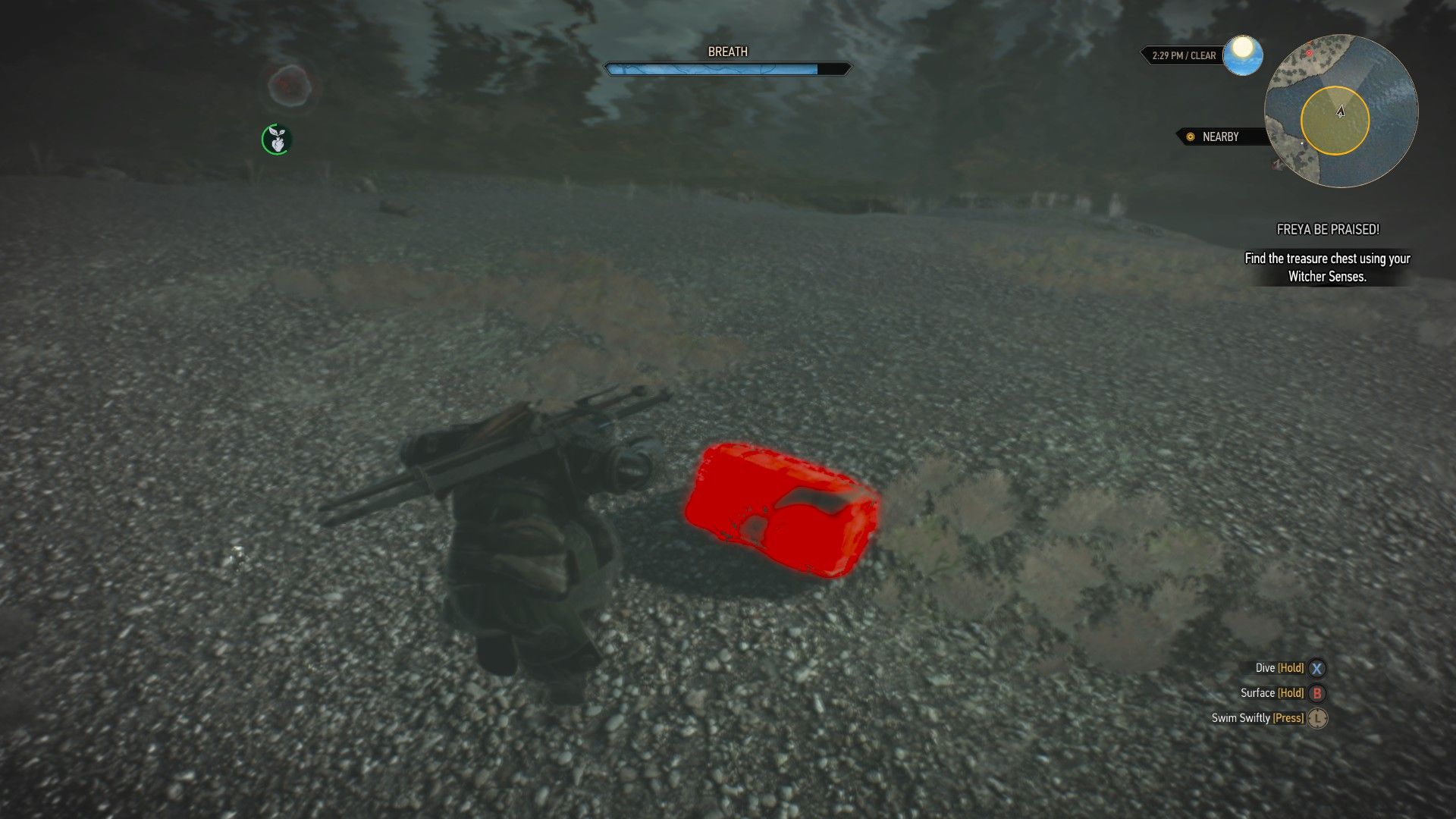 A screenshot of Geralt swimming toward a sunken chest in Skellige with his Witcher Senses highlighting the object in red.