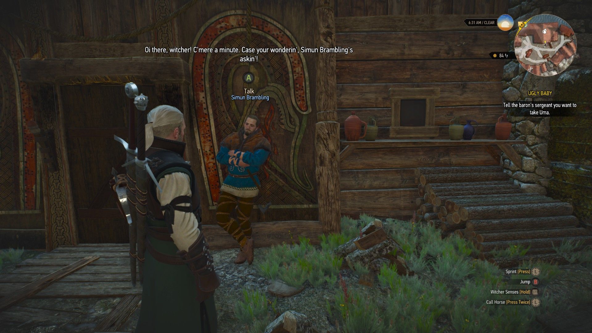 A man wearing a blue tunic talks to Geralt outside a tavern in Skellige.