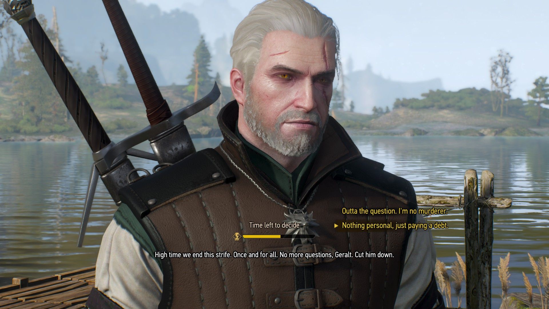 A screenshot of a dialogue choice in The Witcher 3 of Geralt having to choose a side.