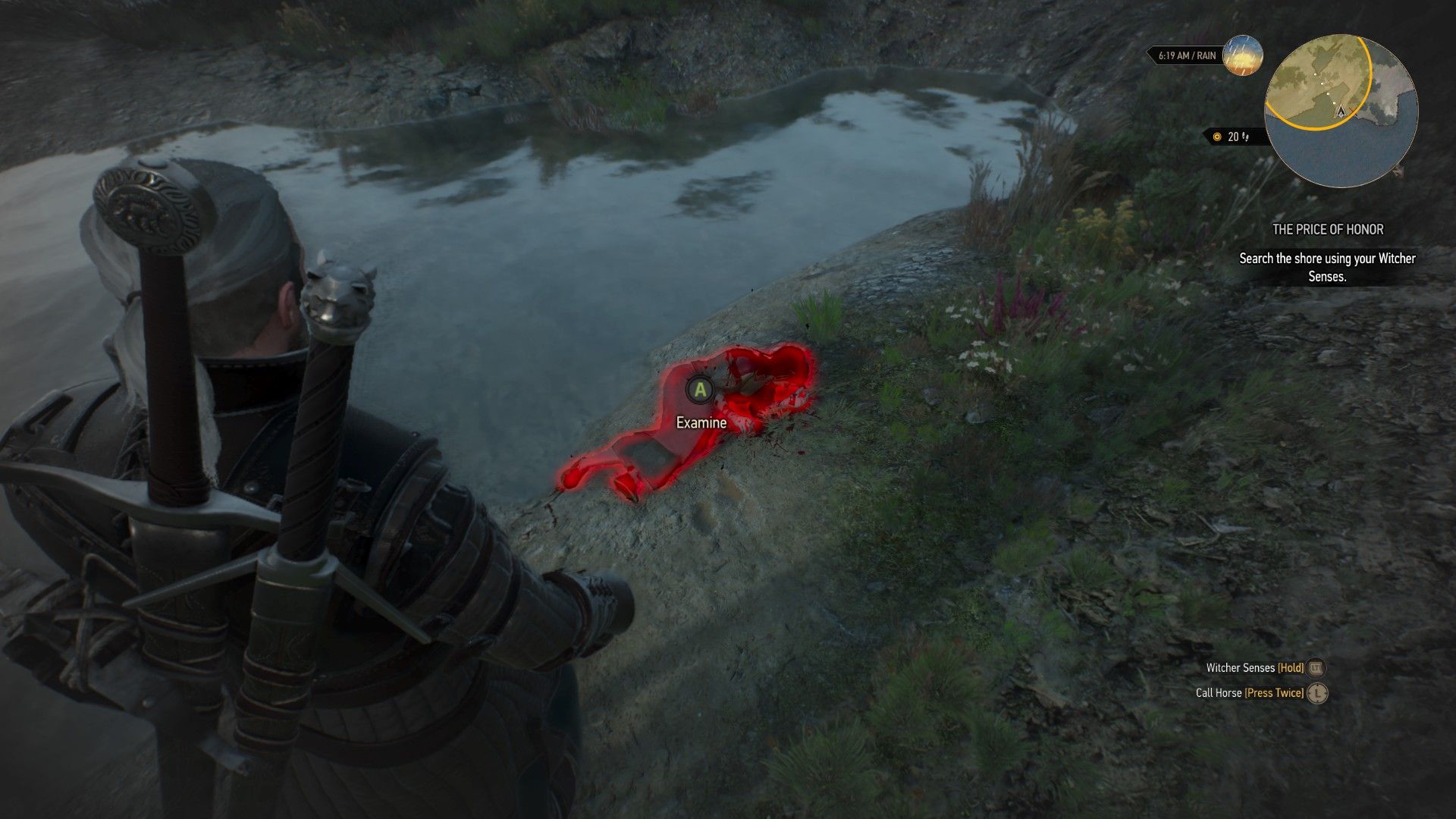 Geralt looks at a woman's body by the coastline, with her body outlined in red by his Witcher Senses.