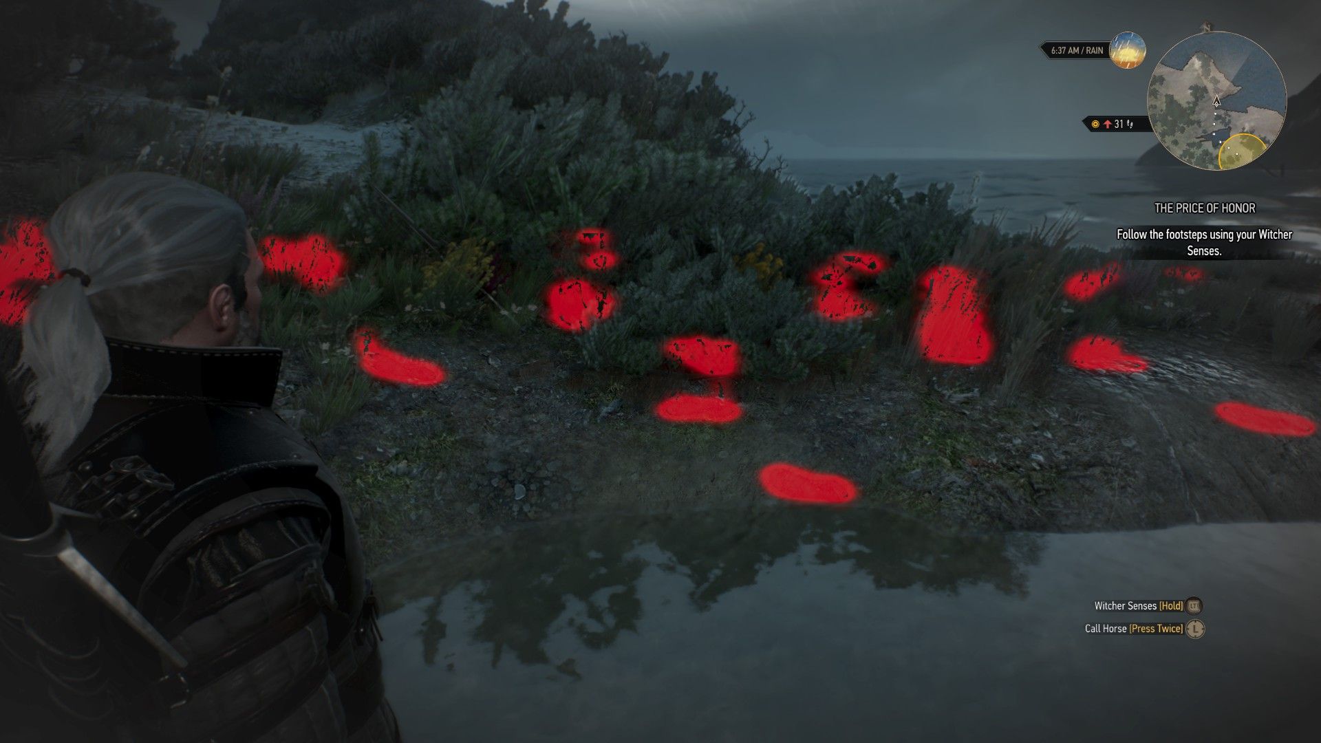 A screenshot of Geralt's Witcher Senses highlighting a set of footprints in red.