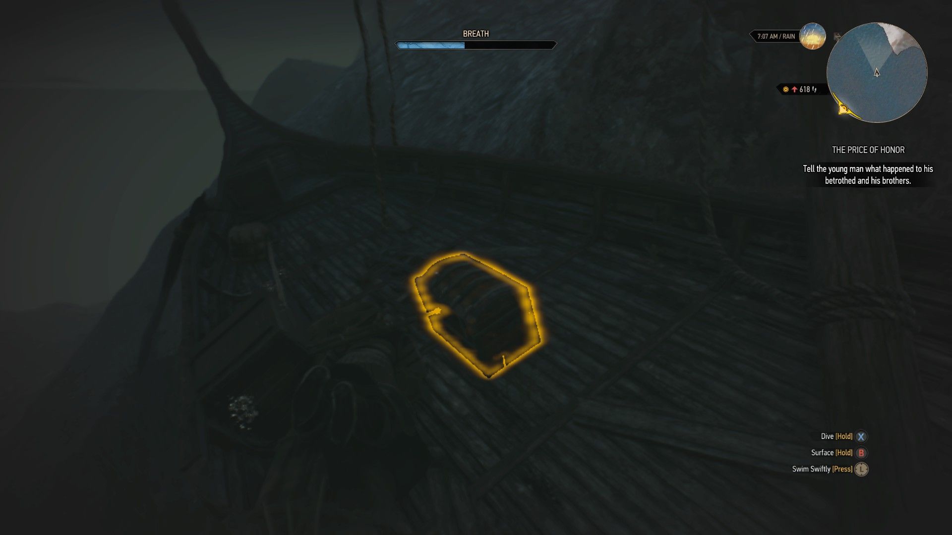 A chest lies on a sunken ship's deck under Skellige's seas in The Witcher 3.