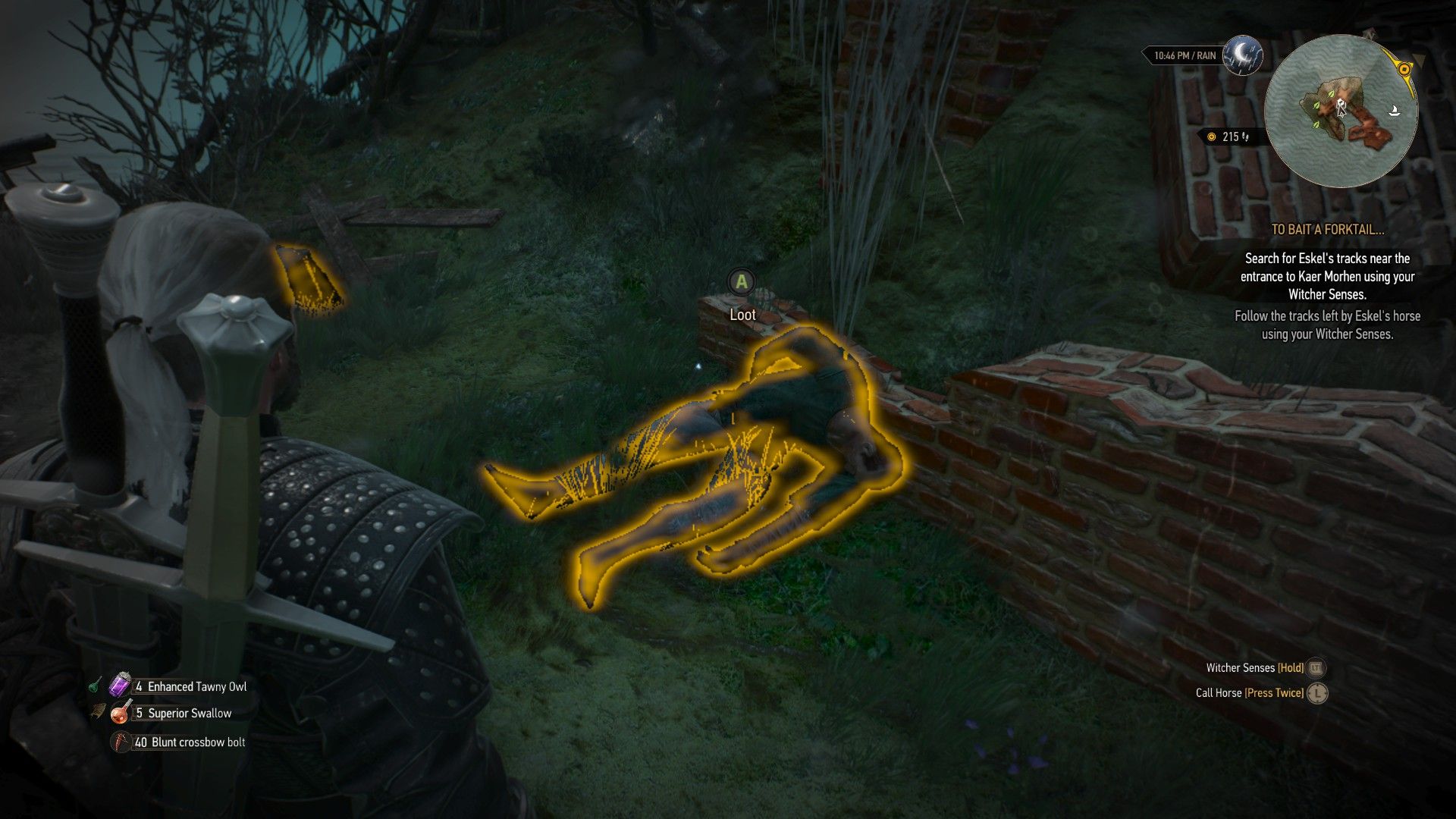 A screenshot of The Witcher 3, with Geralt standing over a body on an abandoned island.