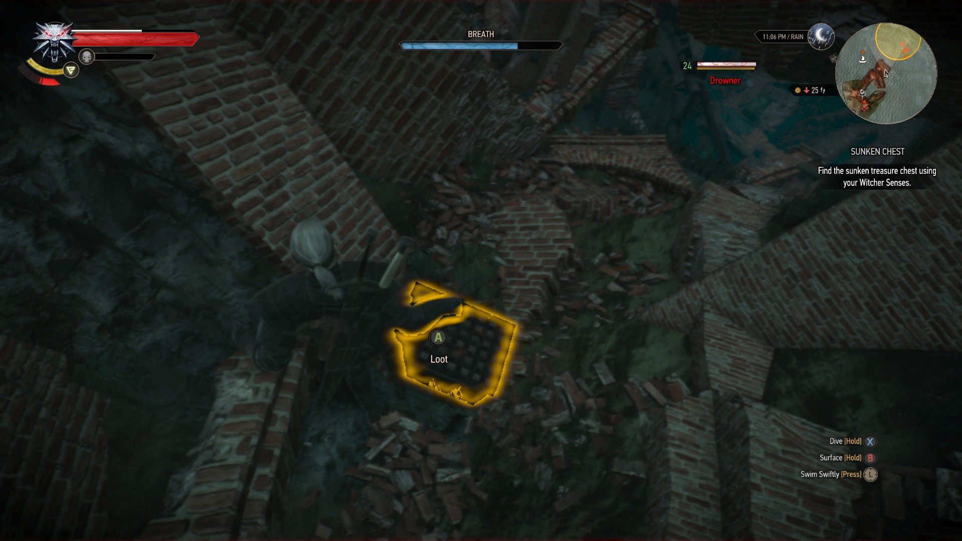 Geralt swims over a sunken chest amidst some ruins in The Witcher 3.