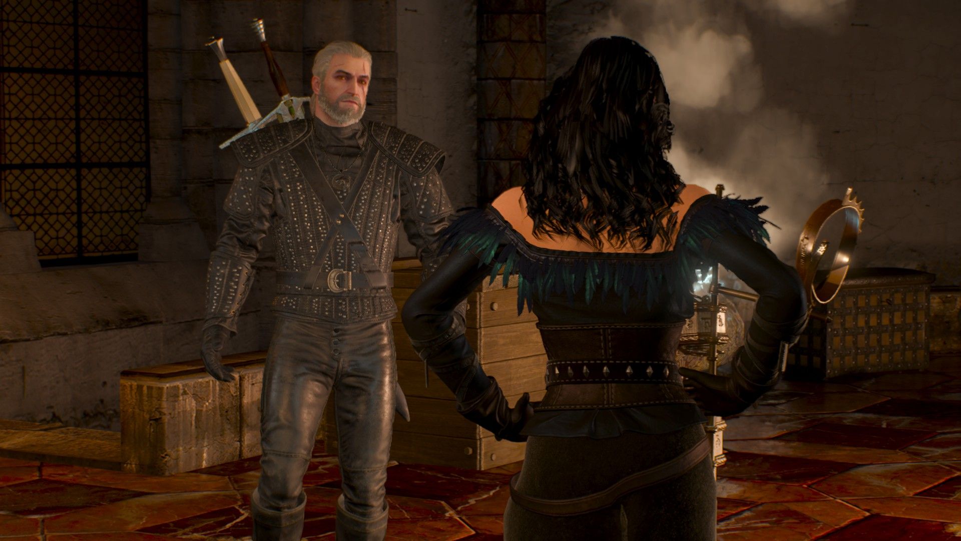 Geralt approaches Yennefer in a tower in Kaer Morhen with smoke coming from one of Yennefer's contraptions.
