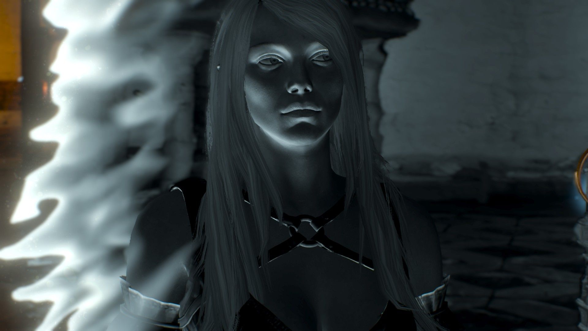 An elven sorceress gives a wry smile through a megascope, looking gray and ethereal due to its magical effects.