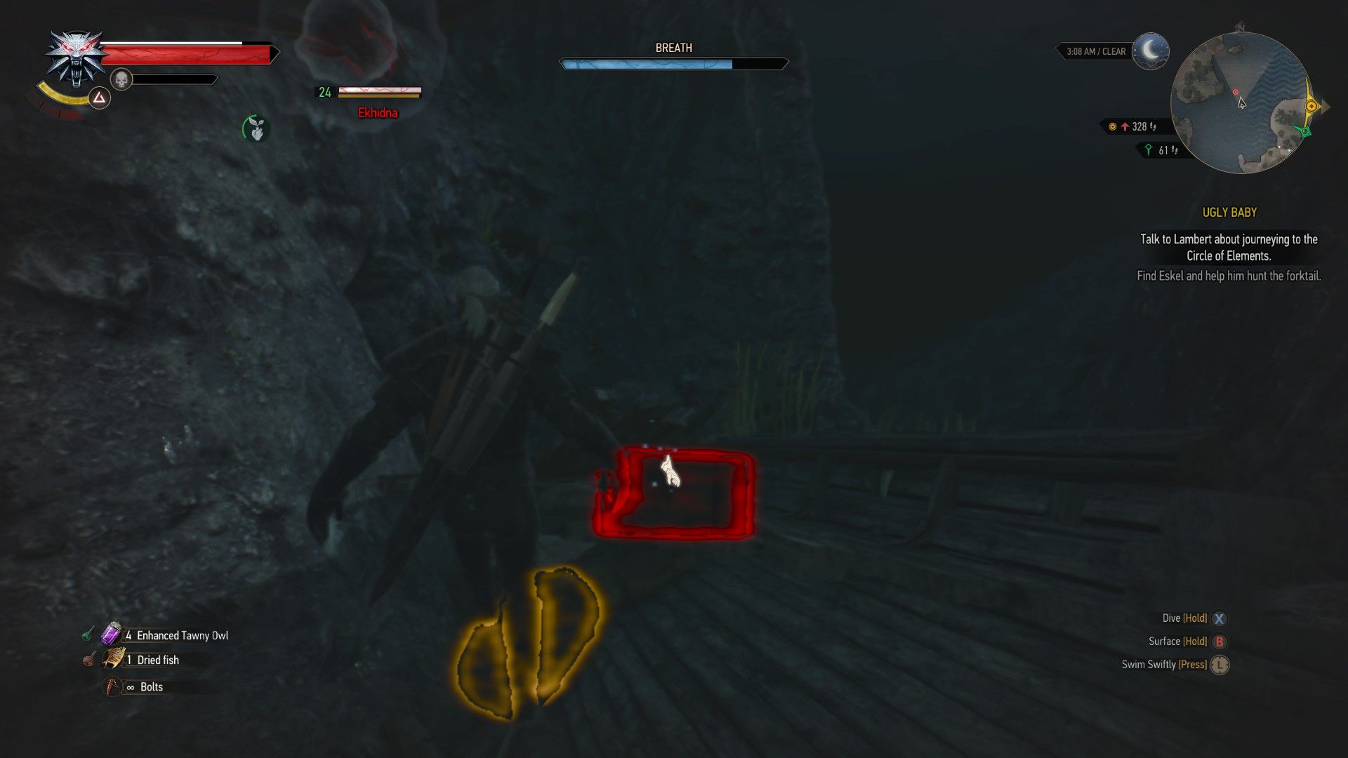 A screenshot of Geralt swimming by a sunken chest in the oceans around Skellige.
