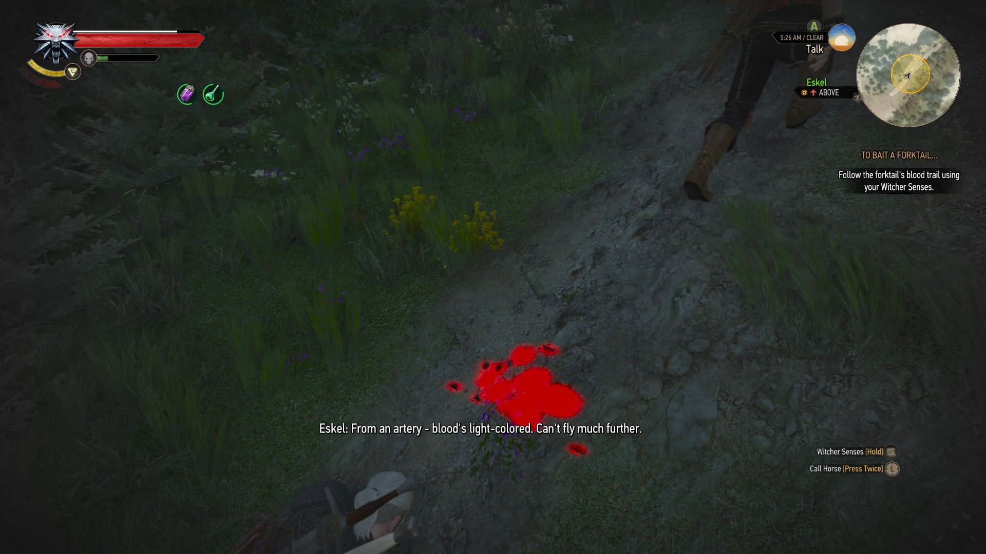 A screenshot of Geralt crouching down next to a bloodstain, using it to track a monster.