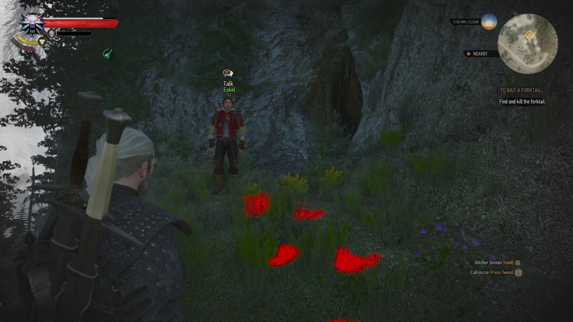 A screenshot of Geralt and Eskel standing outside a cave in the side of a mountain near Kaer Morhen.