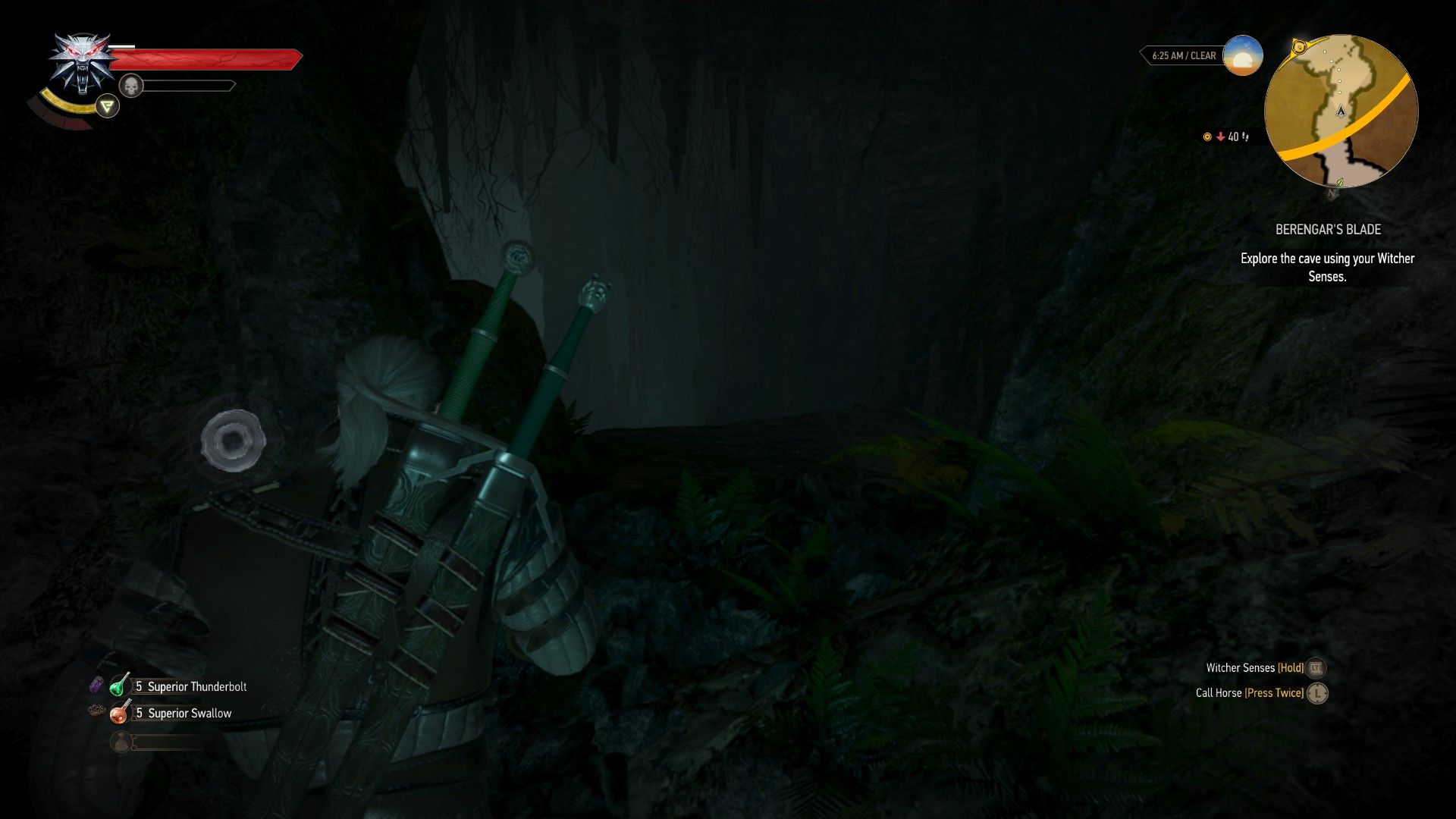 A screenshot of Geralt moving through a dark cave in The Witcher 3, with his Witcher Senses picking up a noise.