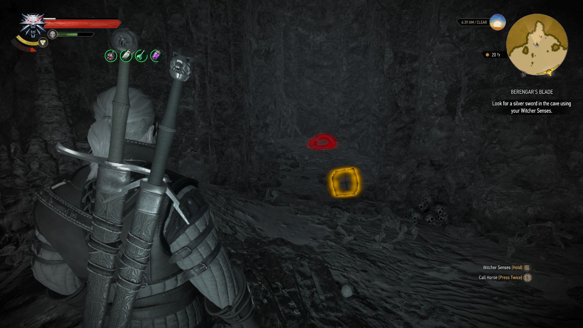 A screenshot of the quest's objective, hidden the the corner of a dark cave.