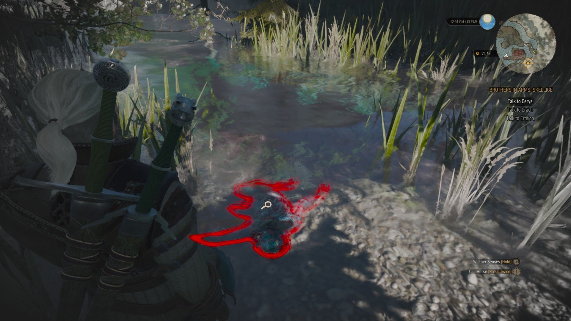 A screenshot of Geralt looking at a drowner's corpse highlighted by his Witcher Senses.