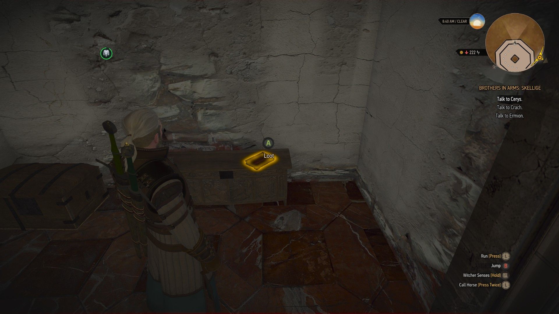 A screenshot of Geralt looking at a book on top of a chest in Kaer Morhen, in the Witcher 3.