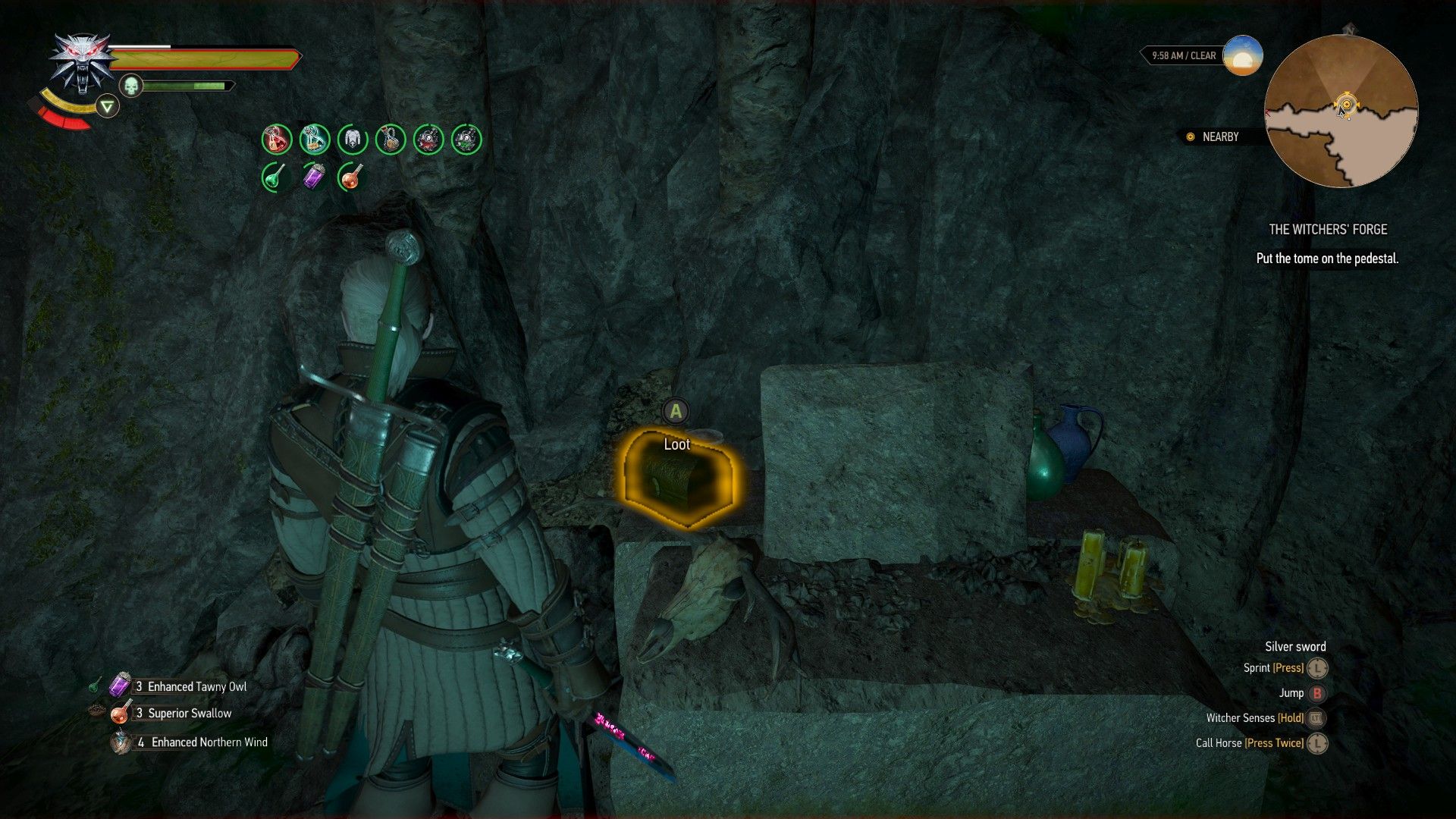 A screenshot of Geralt standing next to a pedestal in a dark cave, in The Witcher 3.