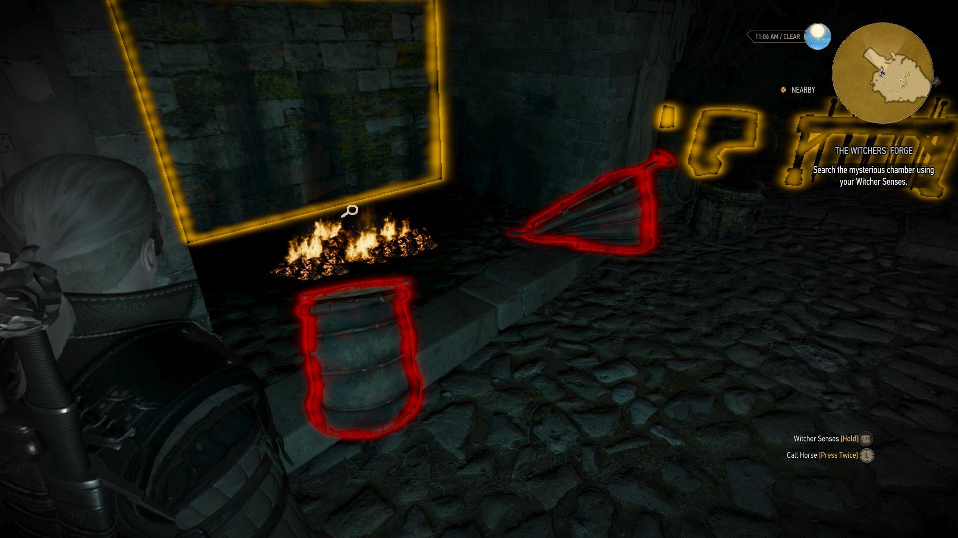 A screenshot of Geralt standing next to a set of bellows highlighted in red by his Witcher Senses.