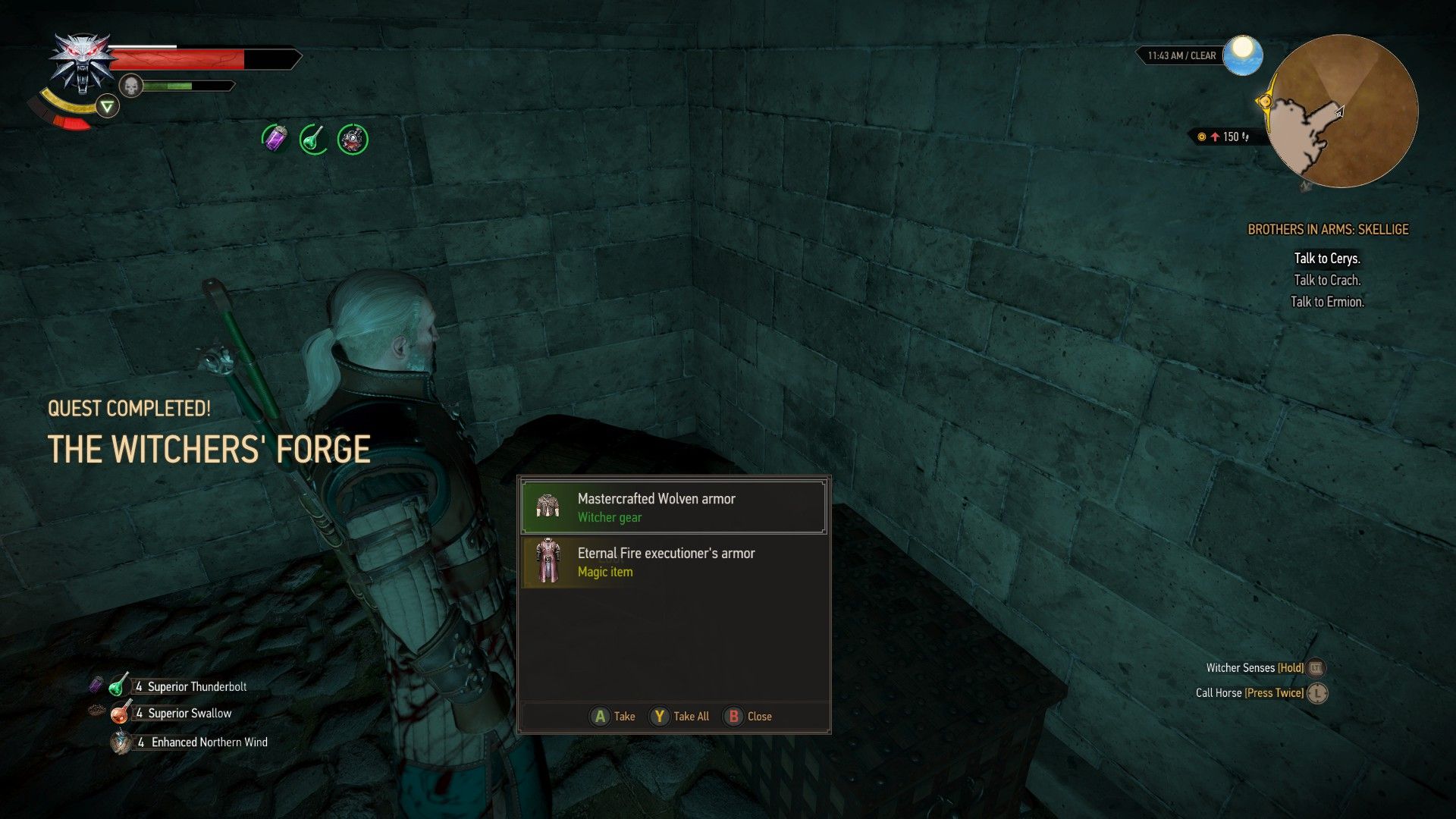 A screenshot of Geralt opening a chest containing valuable armor in The Witcher 3.