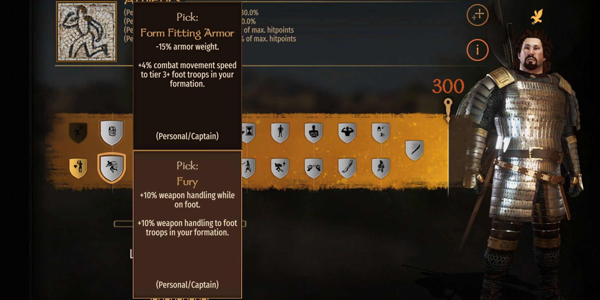 +10% weapon handling while on foot. +10% weapon handling to foot troops in your formation.