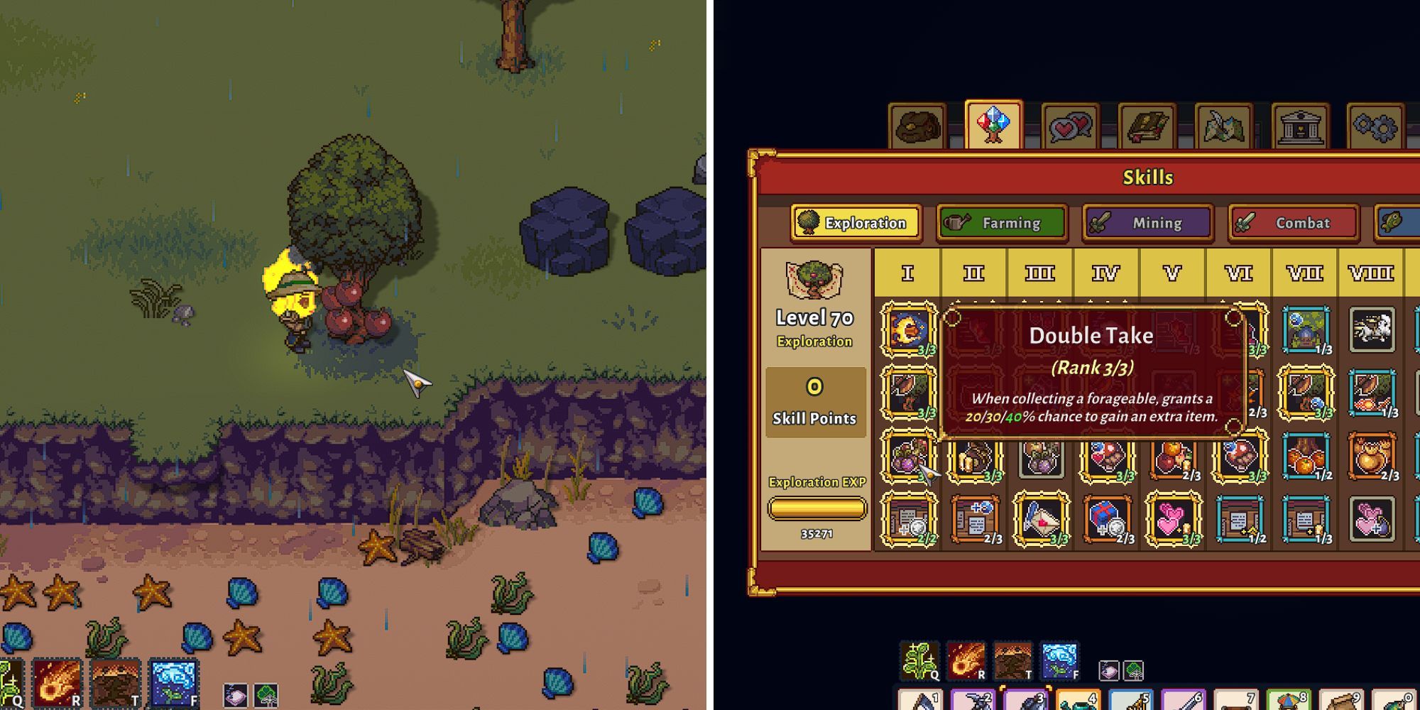 Elemental player starts collecting apples shaken from tree; Exploration tree showing Double Take rank 3