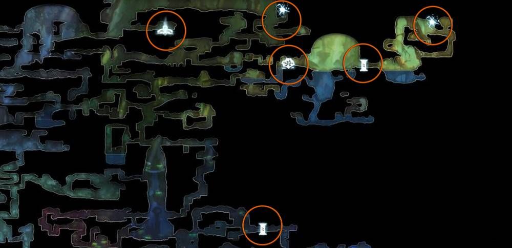3 thornfelt swamp  overworld map marked with stationary important item locations from ori and the blind  forest for thegamer's complete guide