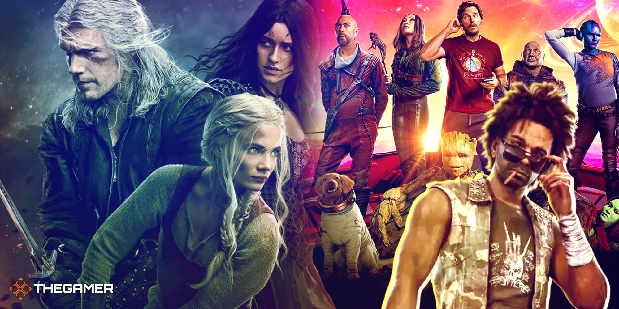 Poster art from The Witcher Season 3, Guardians of the Galaxy 3 and game art from Dead Island 2.