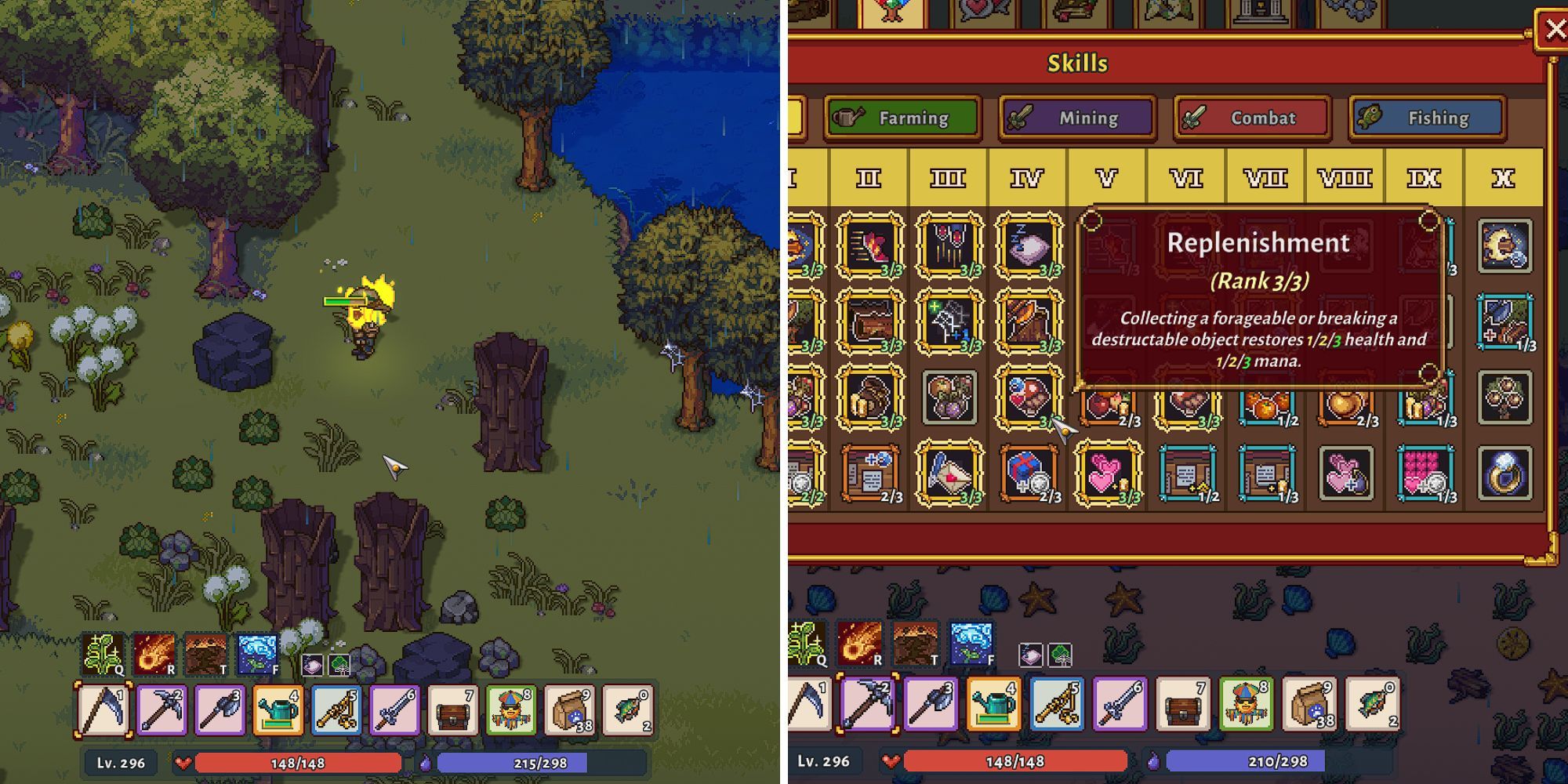 Elemental player replenishes mana as she cuts through grass; Exploration tree showing Replenishment rank 3