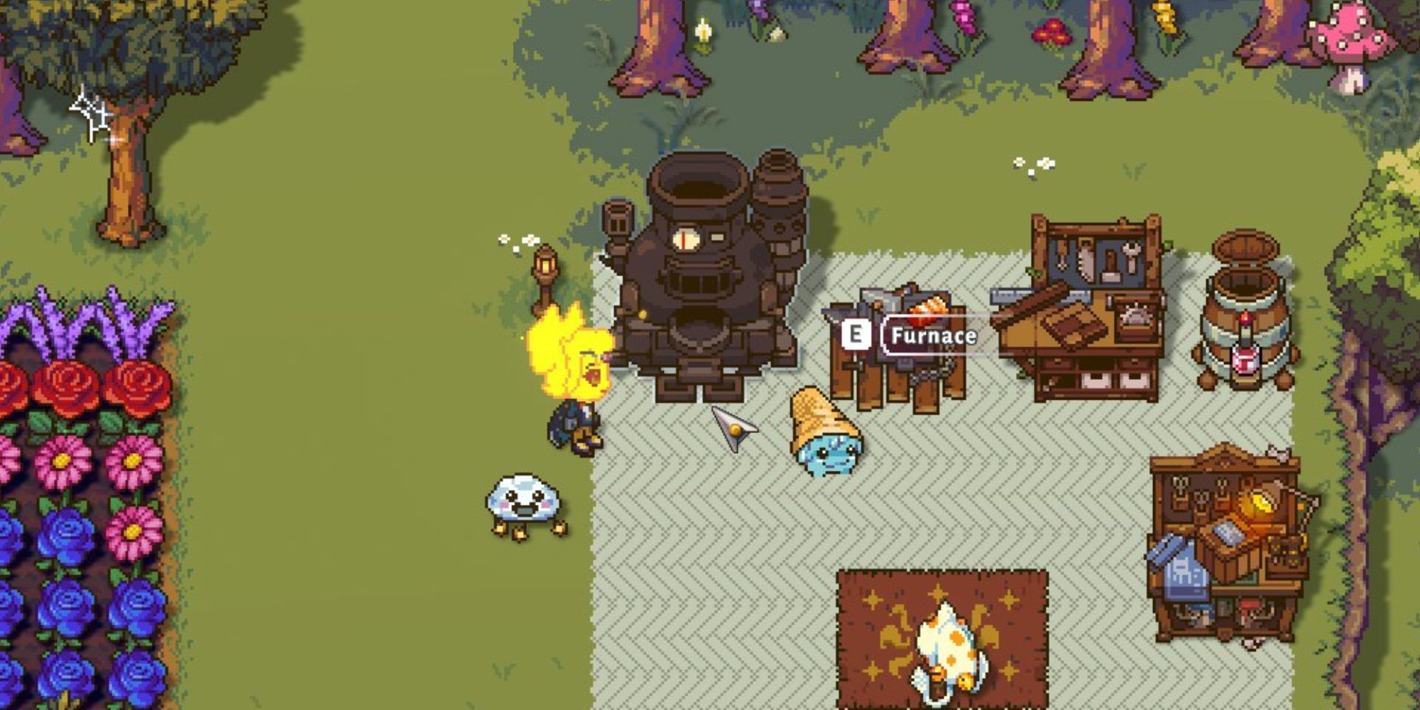 furnace placed next to anvil on farm, near flower patch
