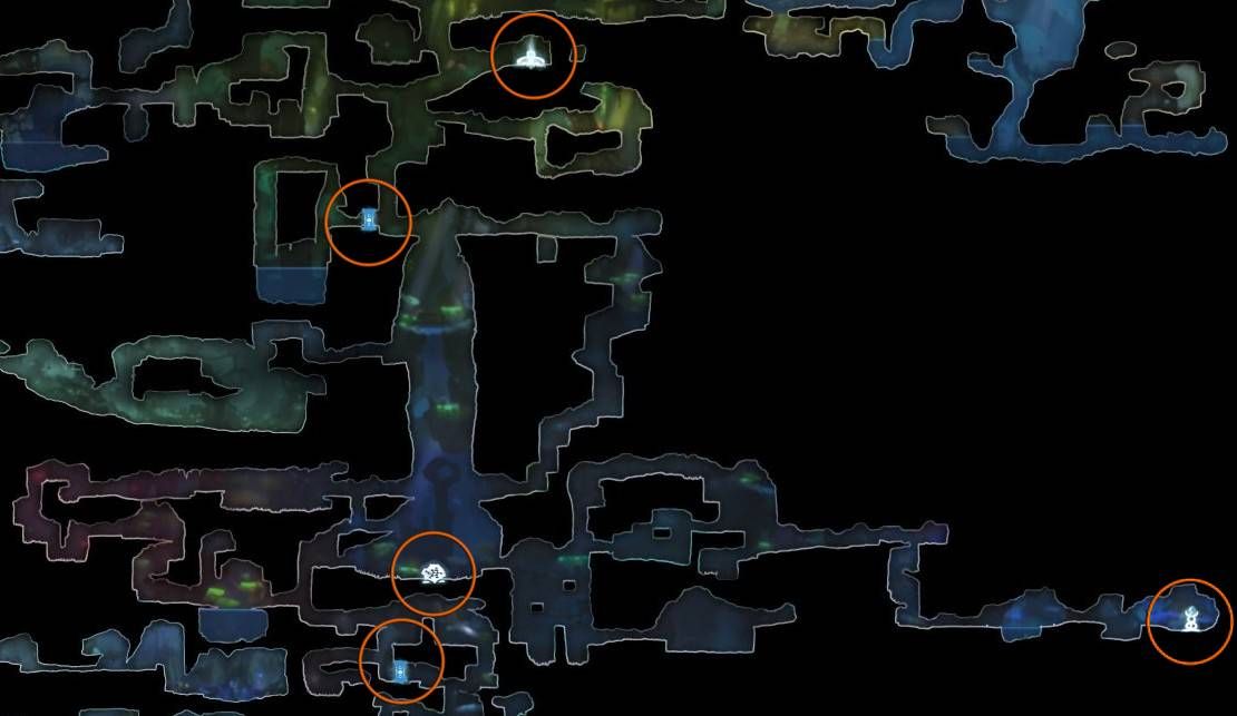 4 moon grotto overworld map marked with stationary important item locations from ori and the blind  forest for thegamer's complete guide