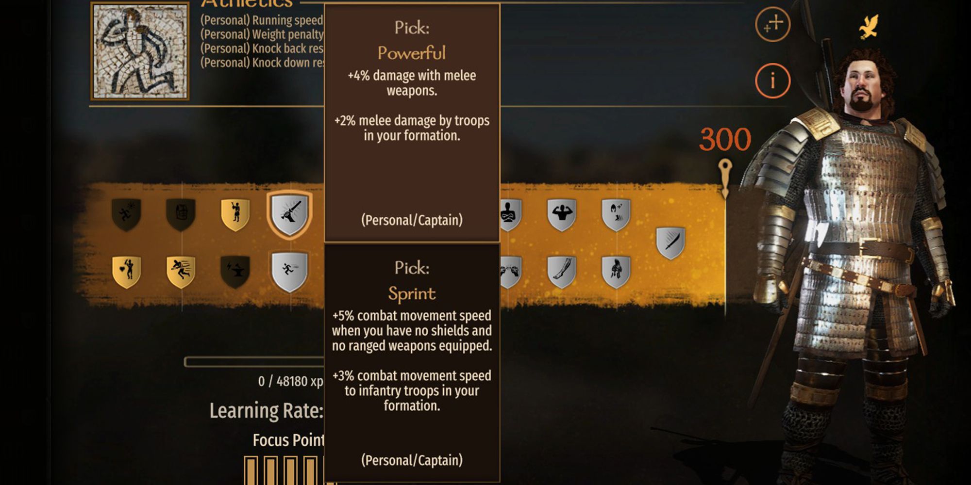 +4% damage with melee weapons. +2% melee damage by troops in your formation.