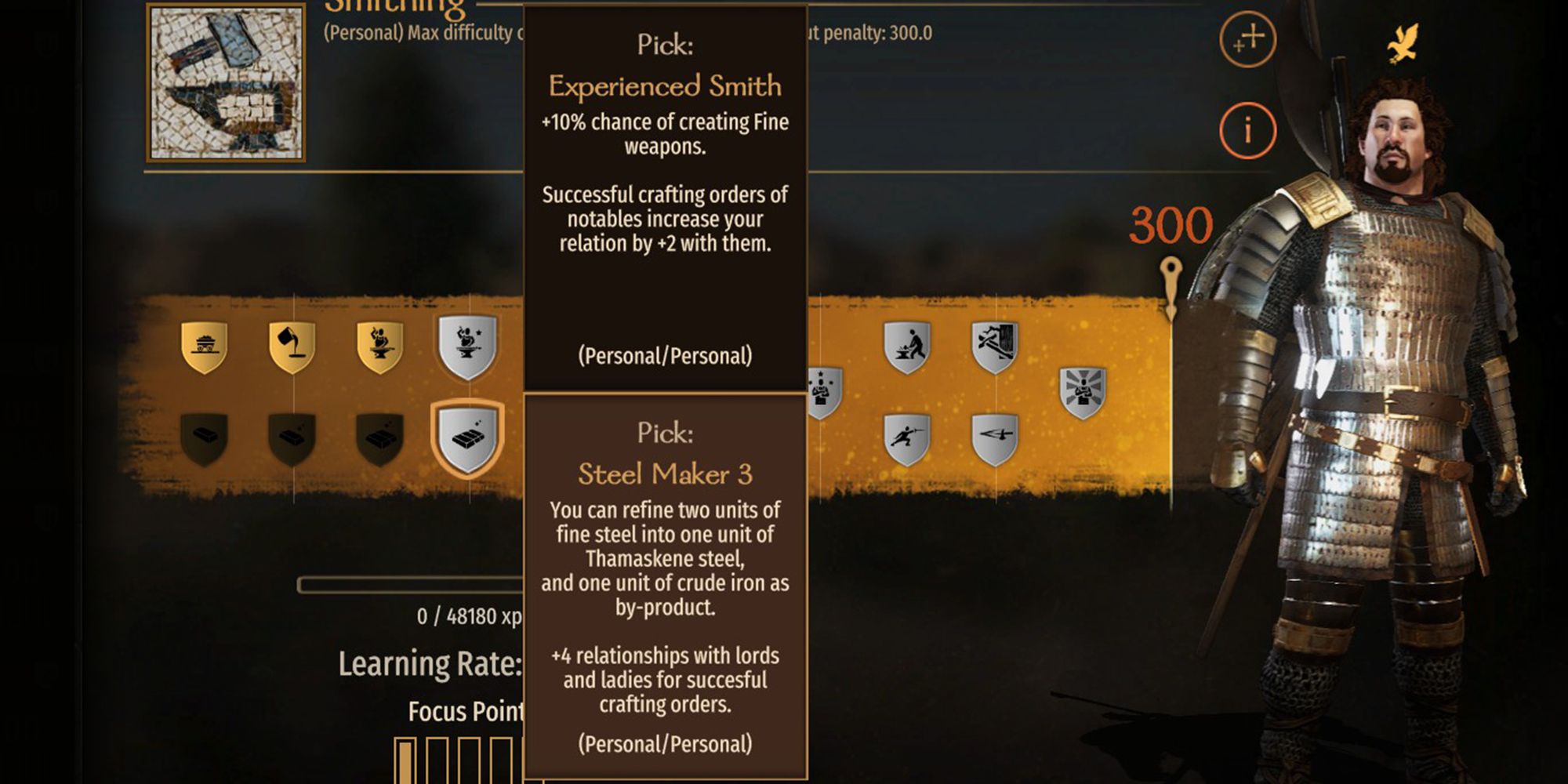 You can refine two units of fine steel into one unit of Thamaskene steel, and one unit of crude iron as by-product. +4 relationship with lords and ladies for successful crafting orders.