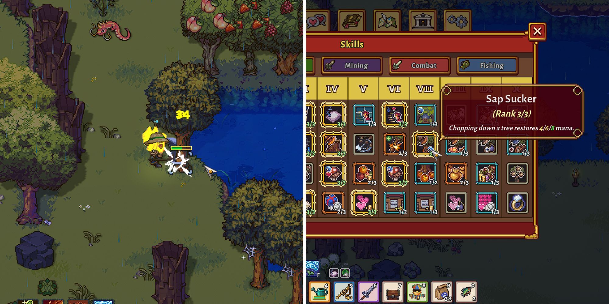 Elemental Player cutting down an oak tree; Exploration tree showing Sap Sucker rank 3