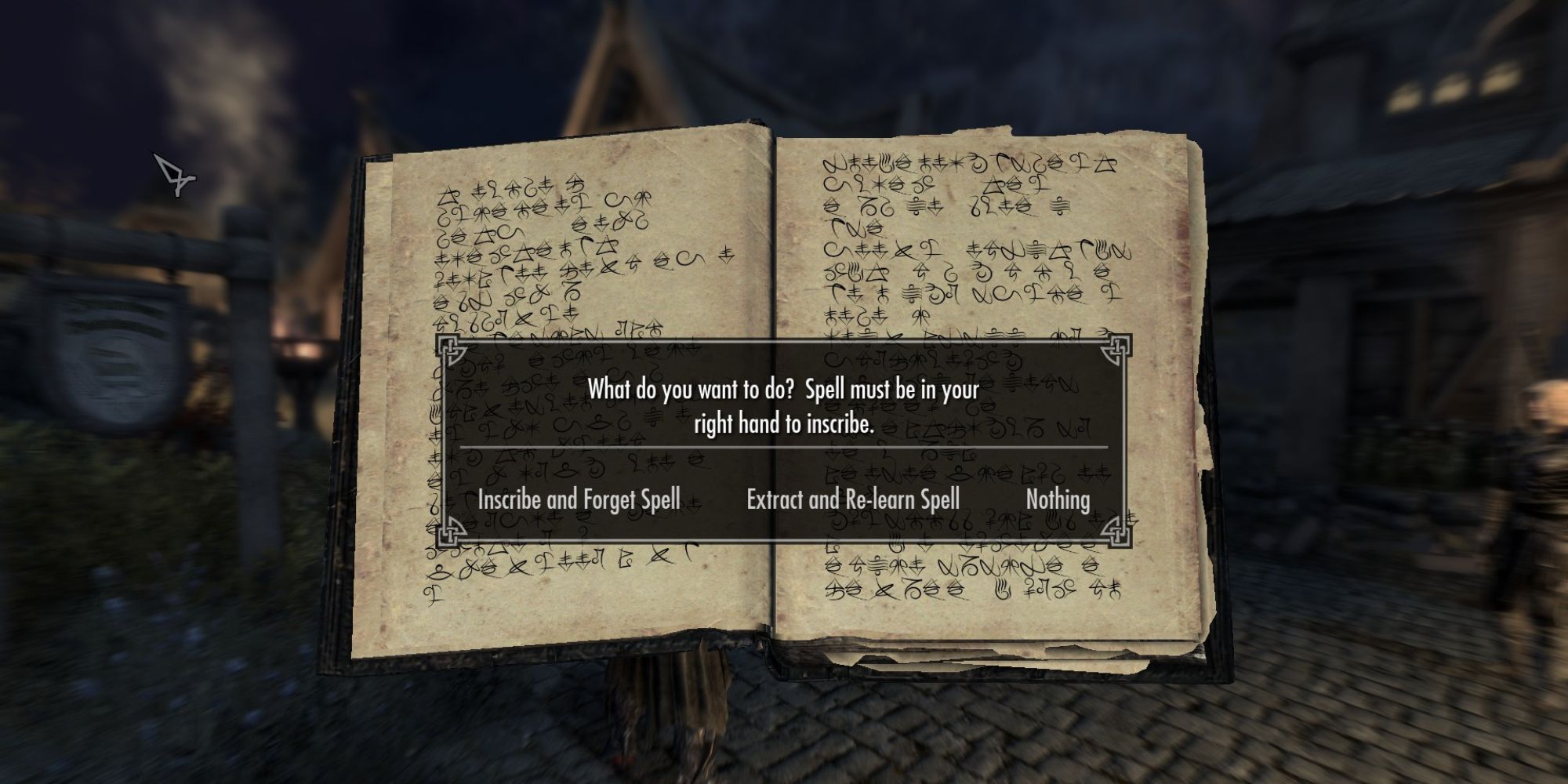 The Grimoire is opened and filled with markings; an options menu allows the player to extract or store spells