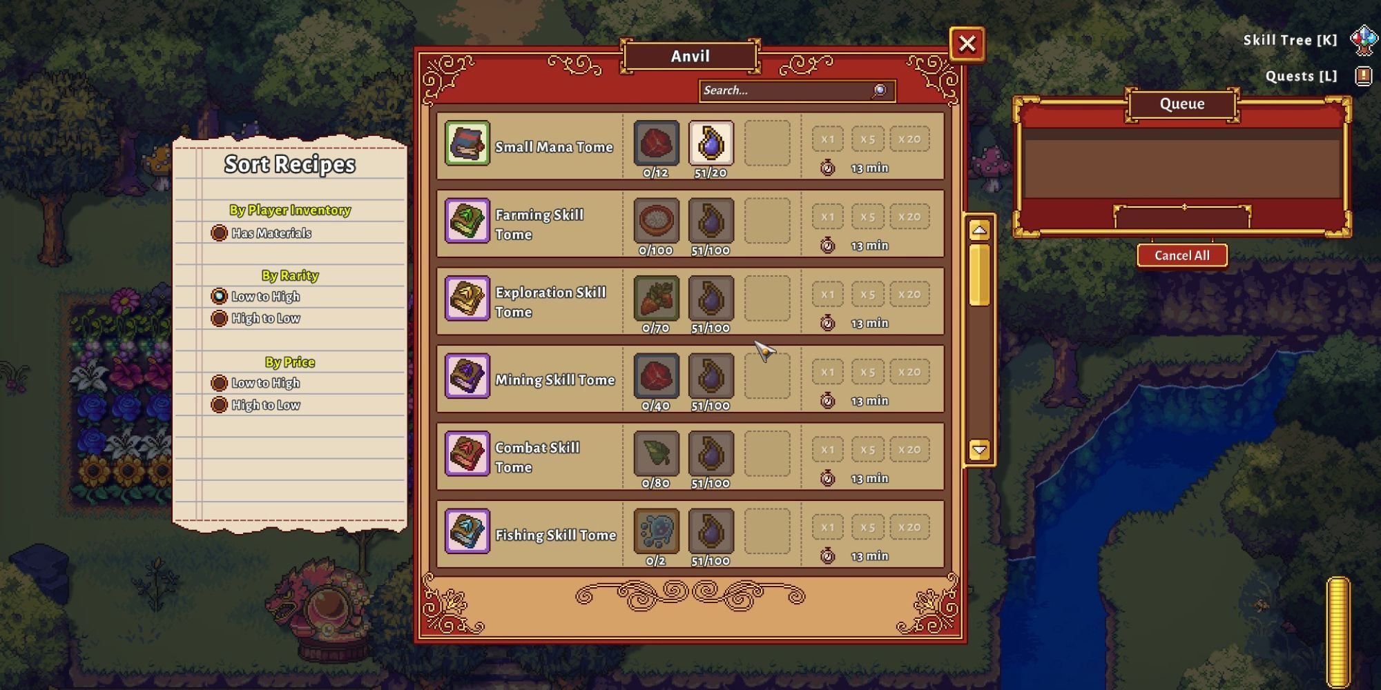The crafting menu showing craftable items using the anvil