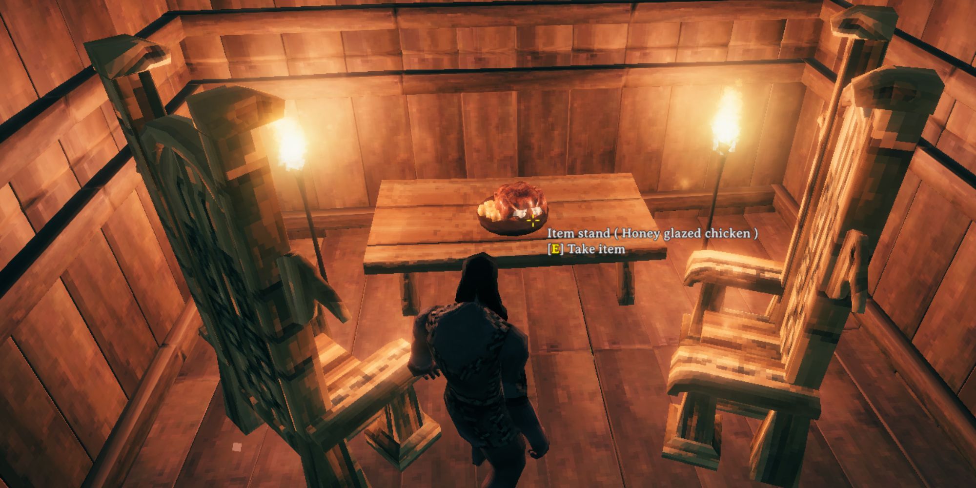 Valheim character in a Viking house in front of Honey Glazed Chicken