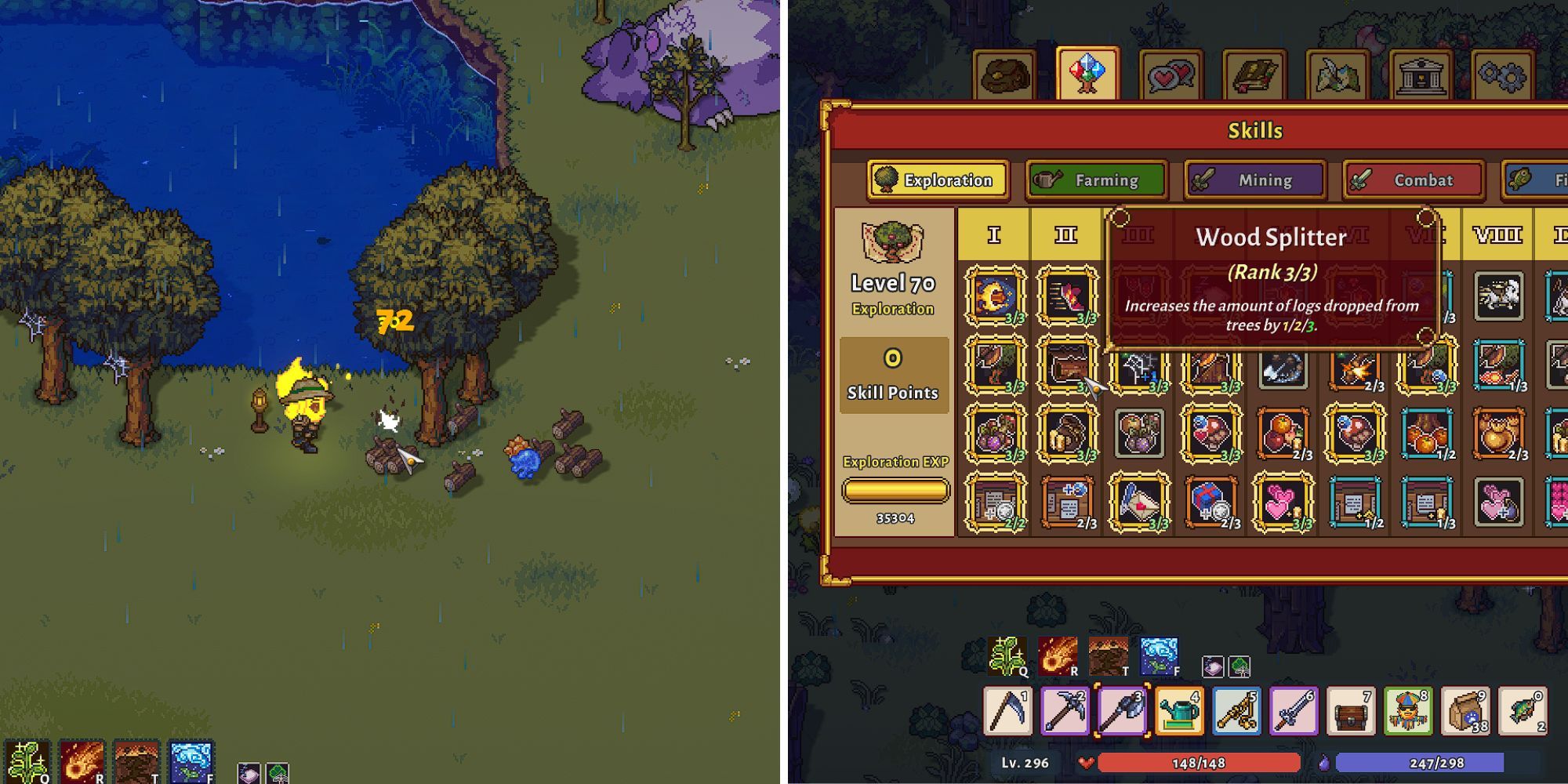 Elemental player collecting logs from recently chopped down tree; Exploration tree showing Wood Splitter rank 3