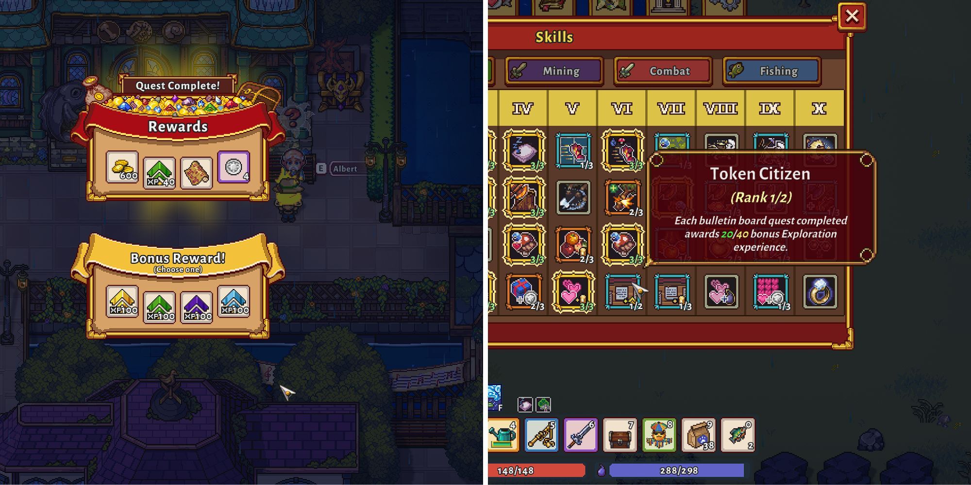 Quest completion pop-up with bonus rewards to choose from; Exploration tree showing Token Citizen rank 1