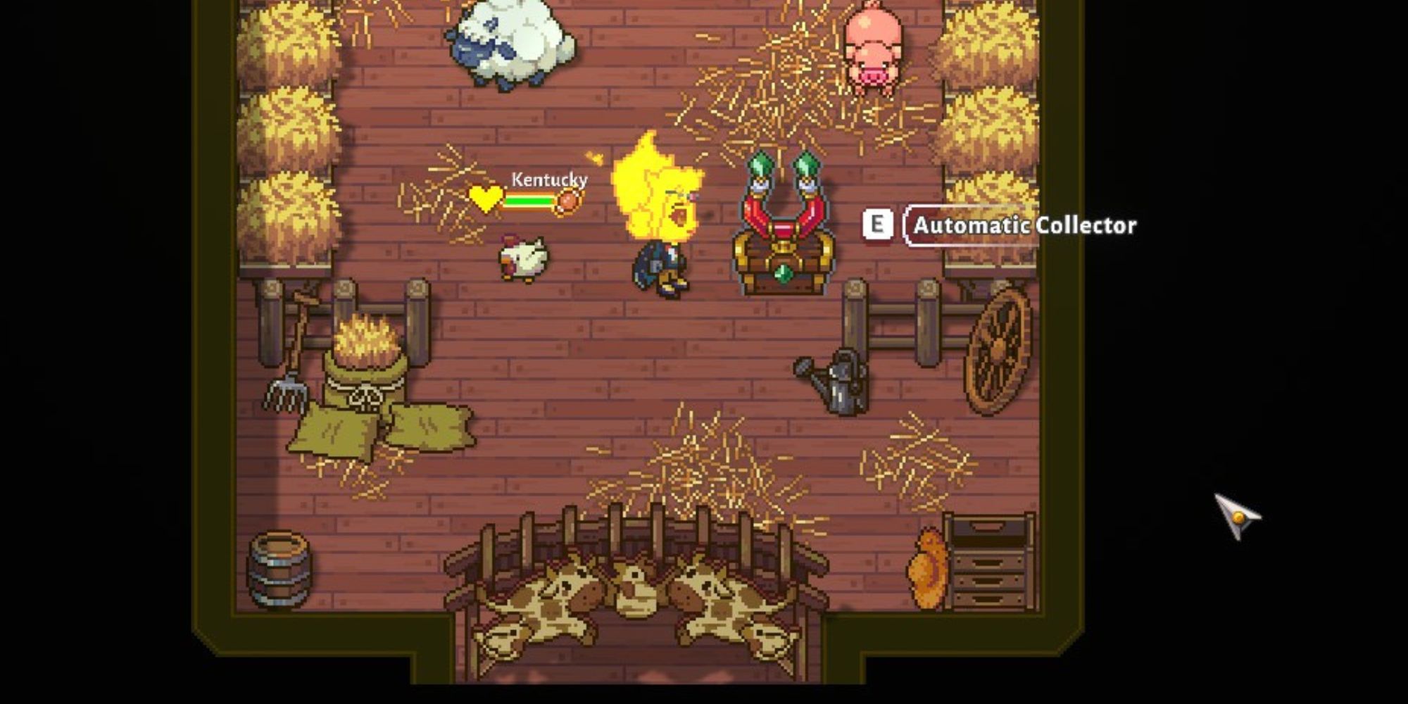 player faces automatic collector inside barn near feed
