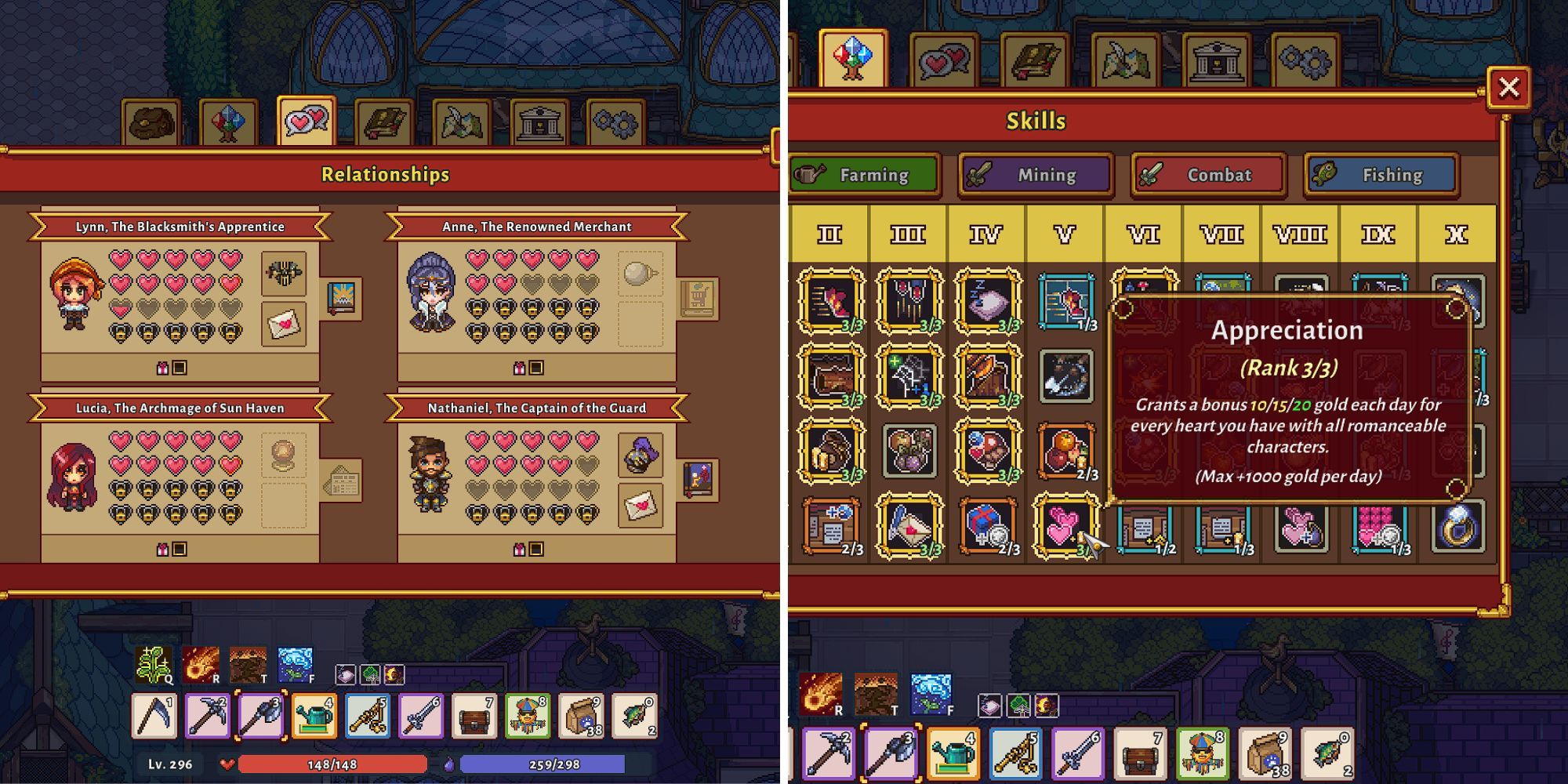 Relationships tab showing Lynn, Anne, Lucia, and Nathaniel with their respective heart levels; Exploration tree showing Appreciation rank 3