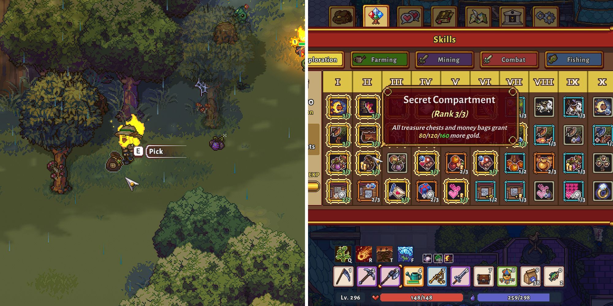 Elemental player picks up money bag in the forest; Exploration tree showing Secret Compartment rank 3 