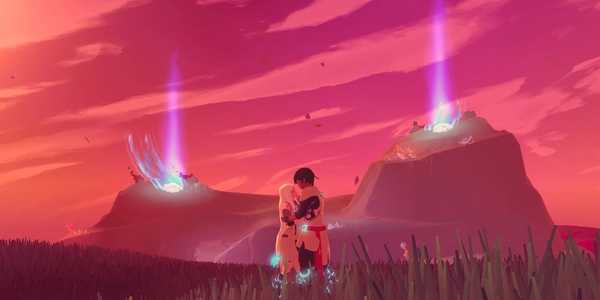 A boy and girl embrace in a meadow in Haven 
