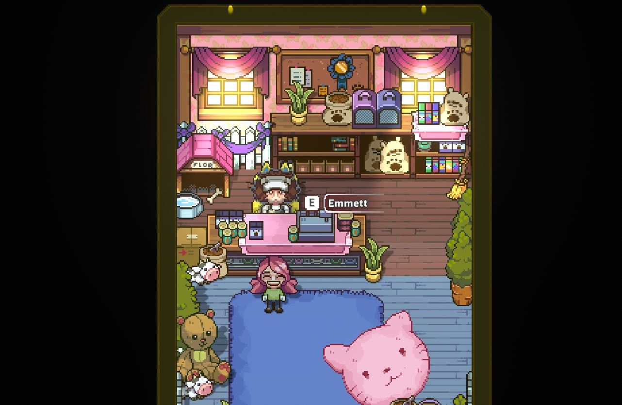 a farmer at kitty's animal store in sun haven, smiling with emmett behind the counter
