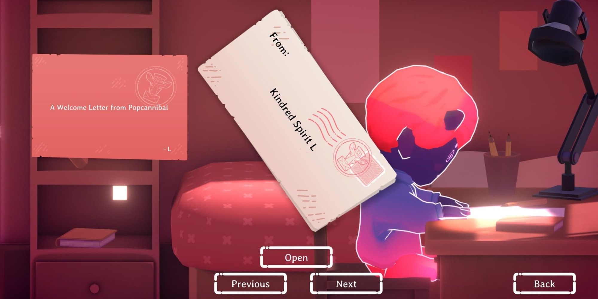 A letter appears onscreen in Kind Words 